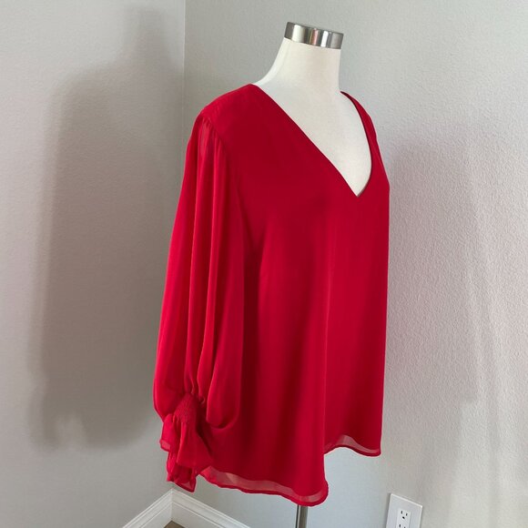 Vince Camuto Womens Plus 3X Red V Neck Chiffon Blouse Long Sleeve Shirt Top - Picture 2 of 11